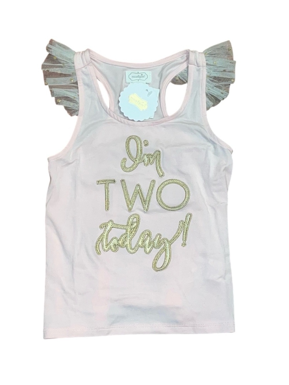 Mudpie Two Birthday Stretch Racerback Tank Gold NWT 2T Baby Pink Tulle Ruffle